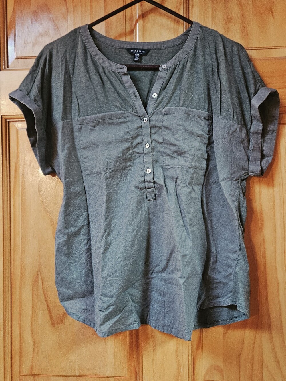 Lucky Brand Olive Short-Sleeve Button-Front Top